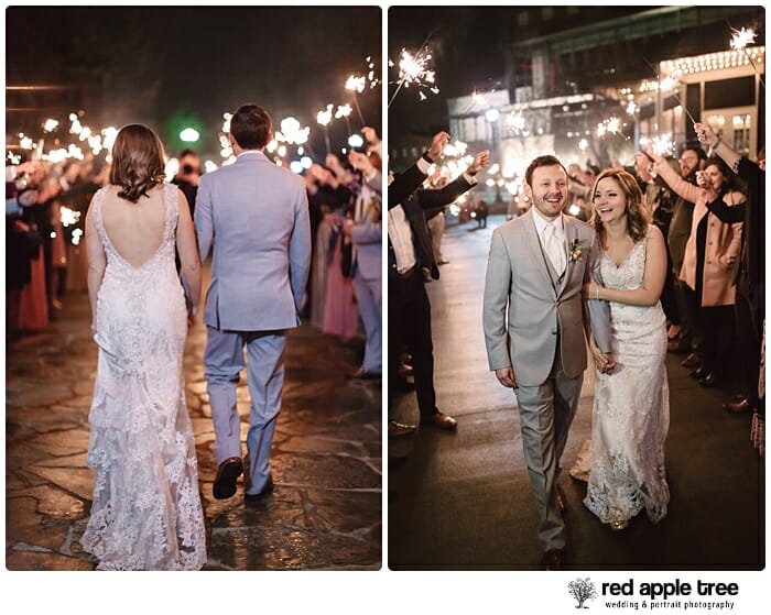 Bride and groom walking holding hands on wedding night